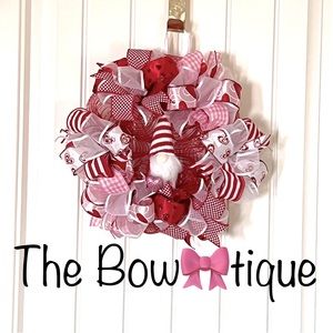 13” Valentine’s Day Ribbon Wreath Red & Pink Hearts Gnome -Handmade